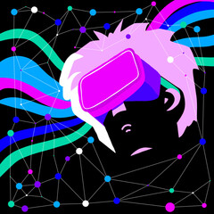 Neon futuristic human head art with fully immersive virtual reality headset. VR glasses, augmented reality
