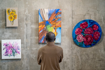 Back view of African male guest of art gallery standing in front of wall with expositions and...
