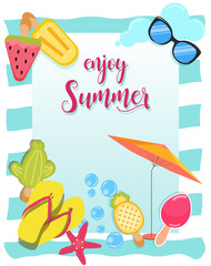 Colorful summer poster for social media promo, recreation time concept. High quality photo