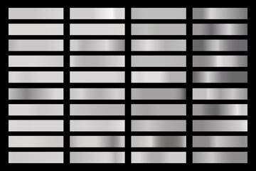 Metallic gradient collection with shiny silver hologram. Holographic foil texture, chrome metal gradation. Vector set for frame, ribbon, border, cover, banner, other design