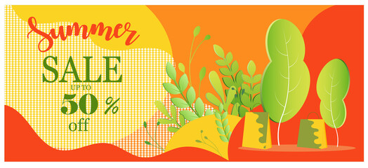 Summer sale web banner templete with trees, leaves and shopping bags.
