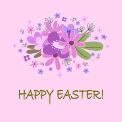 Spring Easter greeting card and invitation. Happy Easter template with flowers.