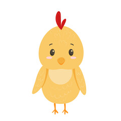 Vector yellow chick cute in flat style isolated on white background. Cute domestic bird with rosy cheeks and eyes with highlights, pastel colors, isolated on white background.