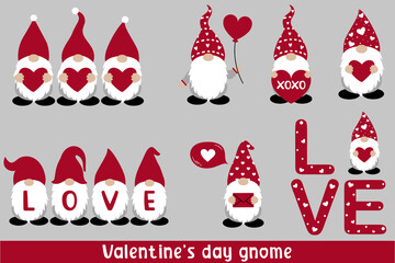 Valentine gnome in red hats. Handsome scandinavian elf isolated on white background. Vector illustration in flat cartoon style. Set of Cute Gnome for Celebrating Valentine’s Day.