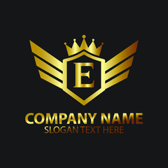 Luxury Letter E Gold Wing with Shield Crown Logo template, Golden Wing Shield Luxury Initial Letter E logo