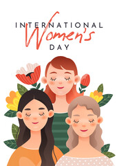 International Women's Day poster. Three cute girls on a white background. 