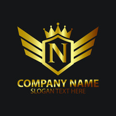 Luxury Letter N Gold Wing with Shield Crown Logo template, Golden Wing Shield Luxury Initial Letter N logo