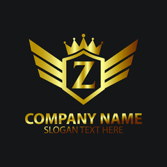 Luxury Letter Z Gold Wing with Shield Crown Logo template, Golden Wing Shield Luxury Initial Letter Z logo