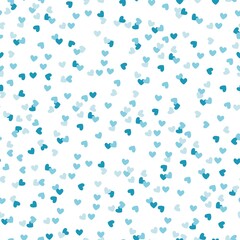 Seamless romantic pattern with confetti blue hearts. White background. Fashion design template, greeting cards, printing, Valentine's Day, vintage textiles. Vector texture.