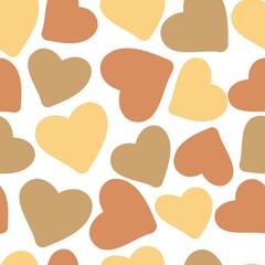 Seamless romantic pattern with big yellow and brown hearts. White background. Fashion design template, greeting cards, printing, Valentine's Day, vintage textiles. Vector texture.