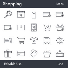 Simple Shop and E-Commerce vector line icon set. Contains linear outline icons like Cart, Basket, Store, Sale, Buy, Bag, Package, Tag. Editable use and stroke for Infographic, Web, Print.