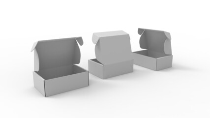 3D rendering of a design mockup template of a cardboard product packaging box. Empty box isolated