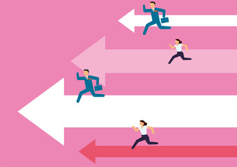 Economic and business image infographics. Illustration of a male and female businessman running an arrow, a pictogram. Advancement competition.
