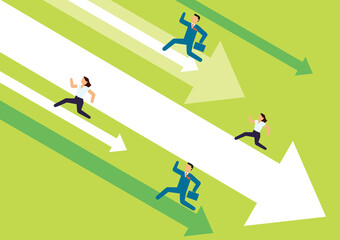 Economic and business image infographics. Arrows down the right shoulder and pictograms and illustrations of male and female businessmen. Recession adversity.