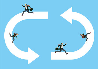 Economic and business image infographics, illustrations, pictograms. Recycled arrows and male and female businessmen who are busy with work every day. Labor productivity.