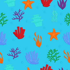 Fototapeta na wymiar Aquarium seaweed seamless pattern. Sea plants, ocean algae