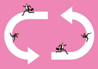 Economic and business image infographics, illustrations, pictograms. Recycled arrows and male and female businessmen who are busy with work every day. Labor productivity.