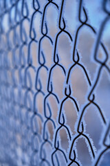 Background, the netting is covered with frost and snow on a frosty winter day.