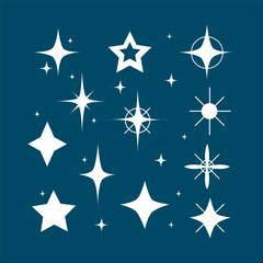 White stars on a dark blue background. Set of elements. Vector illustration