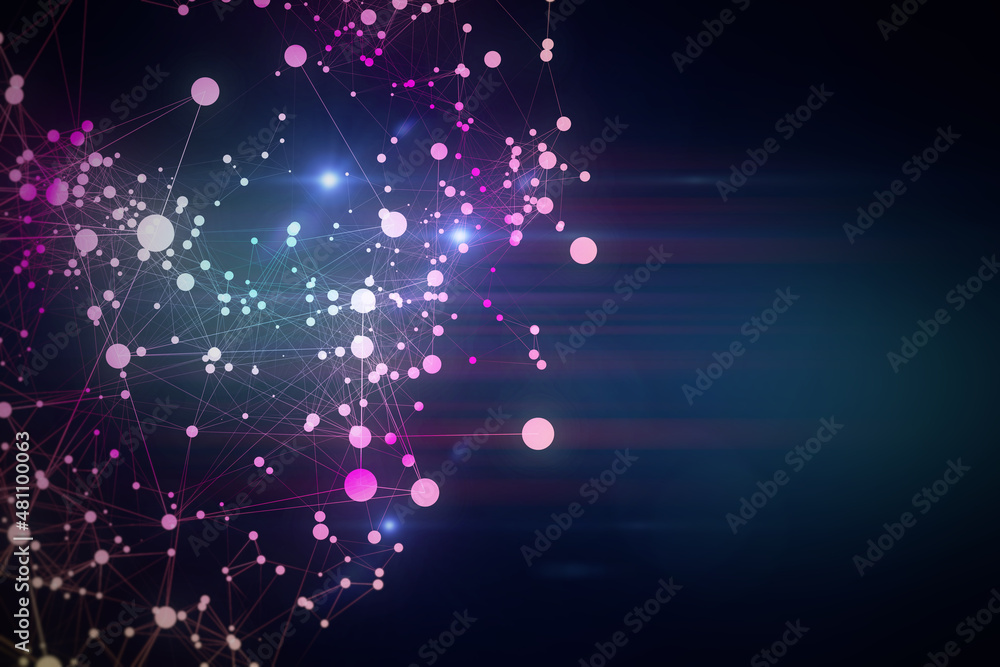 Poster Abstract glowing connected dots interface on dark backdrop with mock up place. Network and connection concept. 3D Rendering.