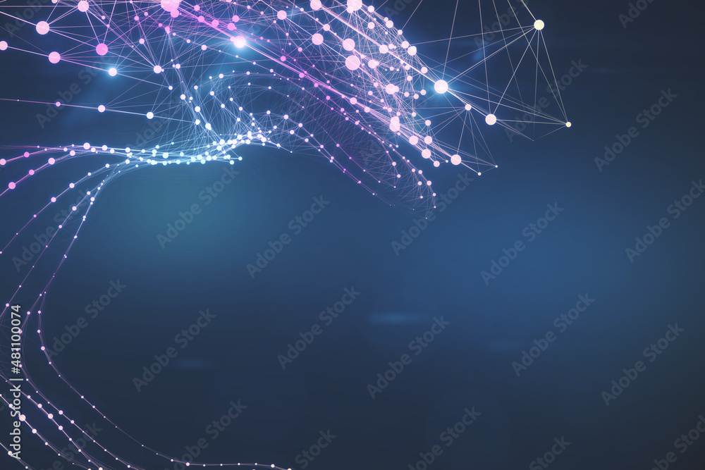 Aufkleber Creative glowing connected dots interface on dark background with mock up place. Network and connection concept. 3D Rendering.
