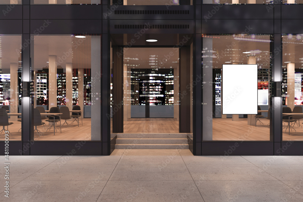 Poster modern glass store front exterior design with reflections and blank white banner. mock up, 3d render