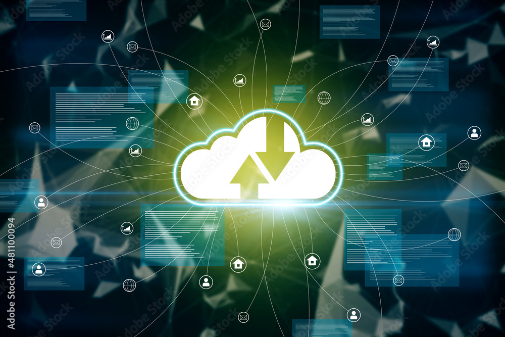Poster Abstract glowing cloud computing interface on blurry dark wallpaper. Online network and database concept. 3D Rendering.