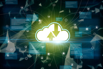 Abstract glowing cloud computing interface on blurry dark wallpaper. Online network and database concept. 3D Rendering.