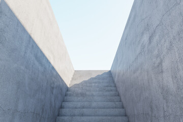 Abstract concrete stairs to success with sunlight. Mock up place. Growth and leadership concept. 3D Rendering.
