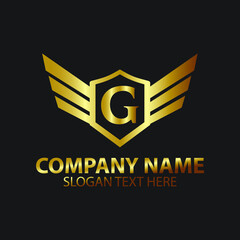 Luxury Letter G Gold Wing with Shield Logo template, Golden Wing Shield Luxury Initial Letter G logo