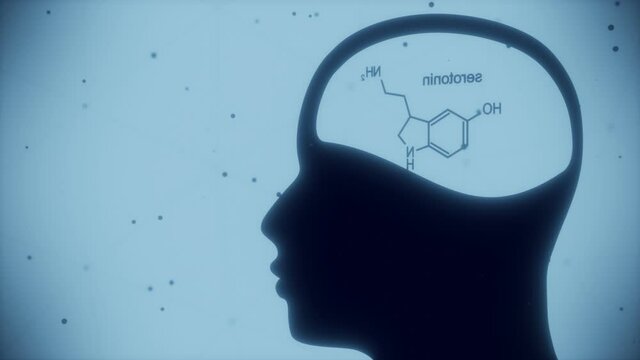 Formula of hormone serotonin in human head. Connected lines with dots background.