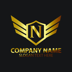 Luxury Letter N Gold Wing with Shield Logo template, Golden Wing Shield Luxury Initial Letter N logo