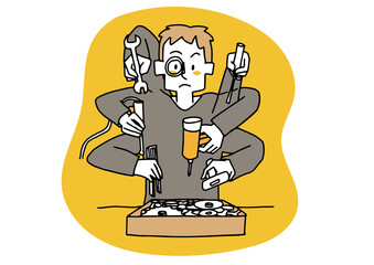 さまざまな道具を使いこなし機械をなおす男性　探究心とアイディアの模索　温かみのある人物イラスト