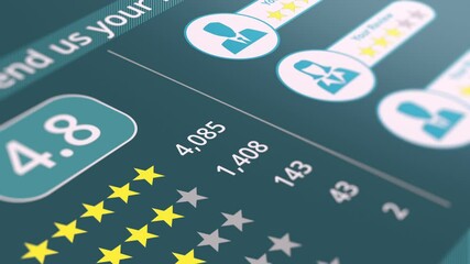 webpage form to give feedback about customer service, quality rating or product review, from 1 to 5 stars, number counter and score (3d render)