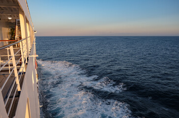 Panoramic scenic seascape sunset sunrise twilight blue hour dusk dawn ocean view from outdoor deck...