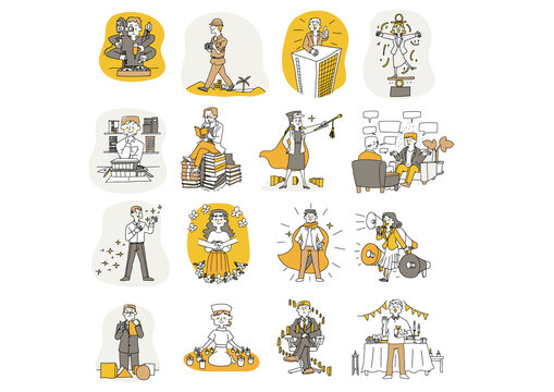 MBTIの性格タイプセット　16のタイプのコンセプトアート　温かみのある手描きの人物　白バックにベク