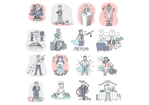 MBTIの性格タイプセット　16のタイプのコンセプトアート　温かみのある手描きの人物　白バックにベク
