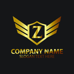 Luxury Letter Z Gold Wing with Shield Logo template, Golden Wing Shield Luxury Initial Letter Z logo