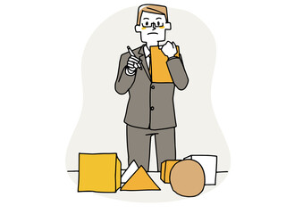 物事の管理をきっちりする男性　温かみのある手描きの人物　ベクターイラスト