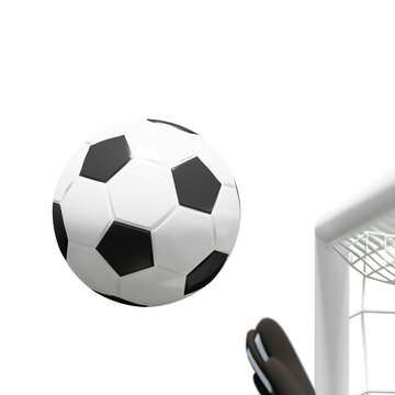 The soccer ball flew into the goal with the goalkeeper jumping to intercept the ball, 3d rendering