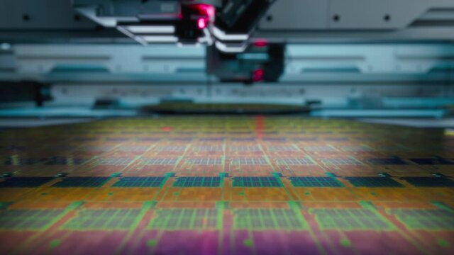 Macro Shot of Silicon Wafer being processed at Semiconductor Foundry, that produces Computer Chips.