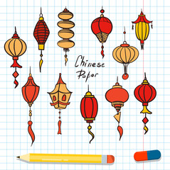 Doodle vector set of chinese paper lanterns. Flat colorful icons oriental decoration of china culture. Illustration of asian celebration festival decor. Hand draw traditional lights isolated on white