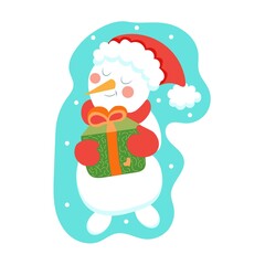 Smiling snowman with gift - vector christmas illustration