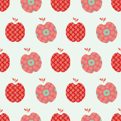 Colored apples filled with colorful ornaments vector seamless repeat pattern print background