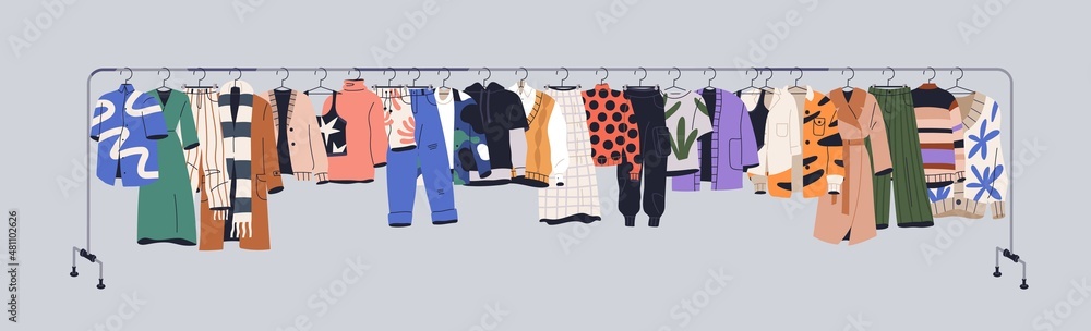 Wall mural used clothes on racks, hanging on secondhand store hanger rail. garments mix on sale. apparel leftov - Wall murals