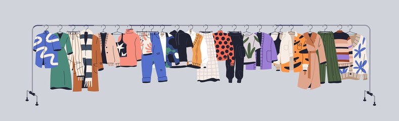 Used clothes on racks, hanging on secondhand store hanger rail. Garments mix on sale. Apparel leftovers assortment in stock shop, charity market. Isolated colored flat vector illustration of wearings - obrazy, fototapety, plakaty