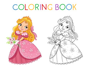 Coloring book for children. Cute little girl and princess in a pink beautiful dress. Vector illustration in a cartoon style - 481102863