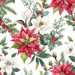 Beautiful vector floral christmas seamless pattern with hand drawn watercolor winter flowers such as red poinsettia holly. Stock 2022 winter illustration.