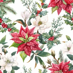 Behang Prachtige vector kerst naadloze bloemmotief met hand getrokken aquarel winter bloemen zoals rode poinsettia hulst. Voorraad 2022 winter illustratie. © zenina