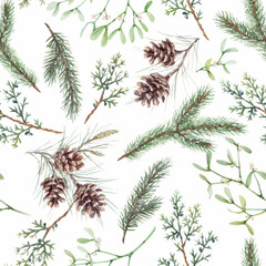 Beautiful vector floral christmas seamless pattern with hand drawn watercolor winter forest spruce branch and cone. Stock 2022 winter illustration.